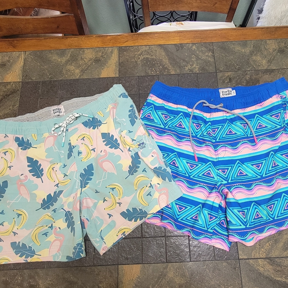 Party Pants Swim‎ Trunks lot Sz L Flamingo Banana palms Colorful Stripe